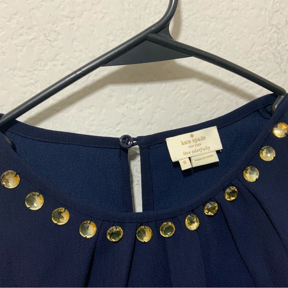 Kate Spade Live Colorfully Blue Top w Embellished Jeweled Neckline size 8 - Picture 4 of 7